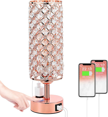 Crystal Table Lamp - 3-Way Dimmable Touch Control, Rose Gold Bedside Lamp with USB C and a Ports, Nightstand Light for Living Room, Bedroom, Home Office (Bulb Included)