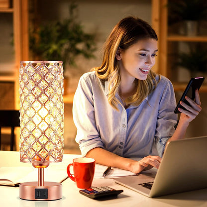 Crystal Table Lamp - 3-Way Dimmable Touch Control, Rose Gold Bedside Lamp with USB C and a Ports, Nightstand Light for Living Room, Bedroom, Home Office (Bulb Included)