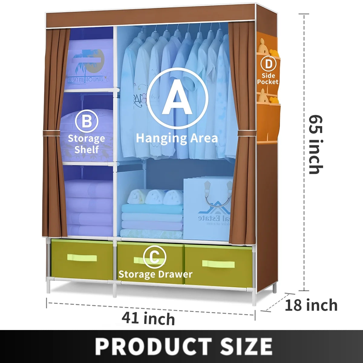 Portable Closet, Portable Wardrobe with 3 Drawer and 4 Storage Shelves and Side Pocket for Clothes Storage Organizer,Coffee