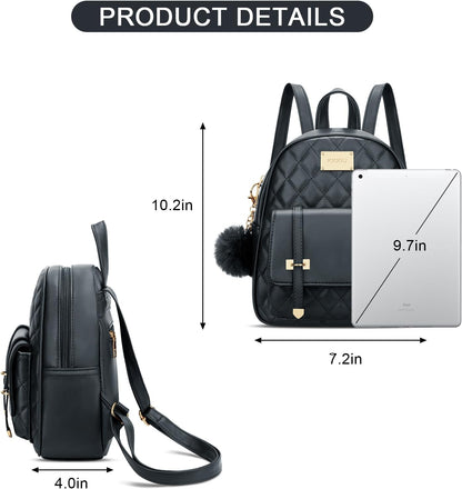 Girls Small Backpack Purse Vegan Leather Quilted Mini Daypack for Women Trendy Bookbag (Black)