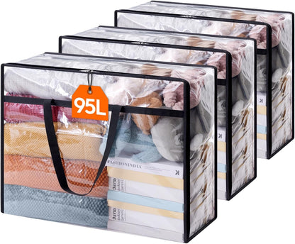 4 Pack Clear Clothes Storage Bags, 40L Plastic Blanket Storage Bag, Vinyl Foldable Moving Bags with Zipper, Closet Organizers and Storage Containers for Bedding, Duvet, Comforter