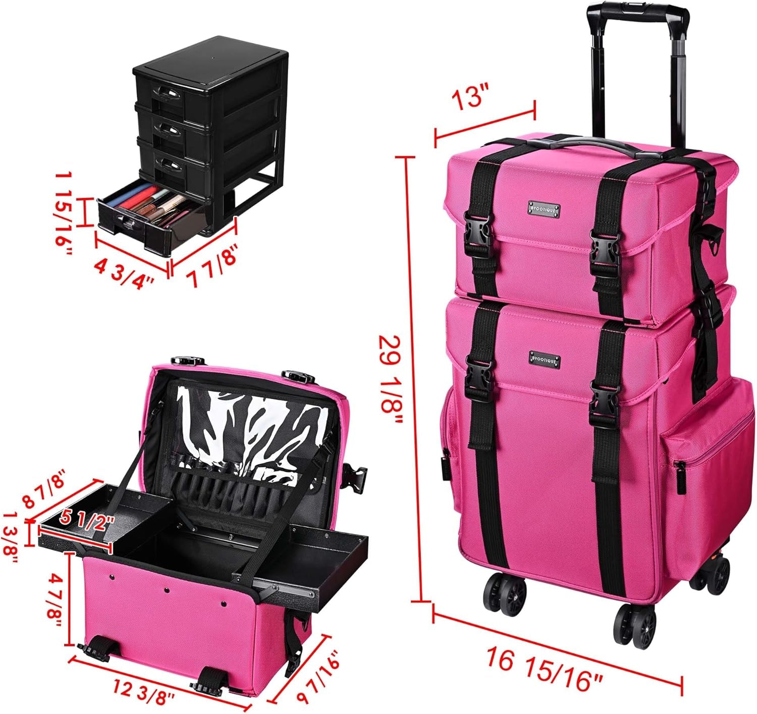 2 In1 Soft Sided Rolling Makeup Case Unseasonable Bright Cosmetic Train Case with Wheels and Removable Organizer, Deep Pink