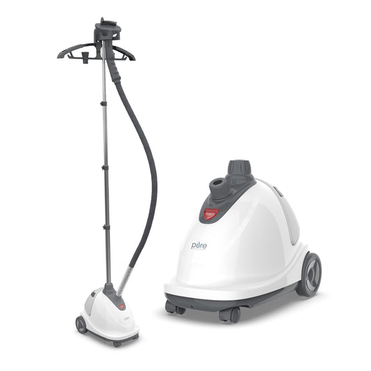 Puresteam XL Standing Steamer with Garment Hanger - Heats in 45 Seconds with 0.5-Gallon Water Tank for 1 Hour Continuous Steaming - Includes Fabric Brush and Easy-Roll Wheels