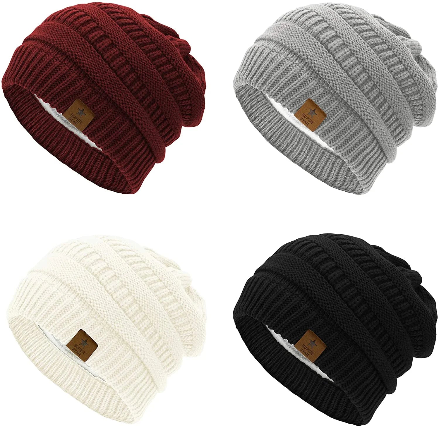 Womens Knit Beanie Hat for Men Winter Thick Fleece Lined Beanie Hats for Women Men Unisex Warm Skiing Beanies Black & Burgundy & Light Grey & White 4 Packs