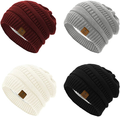 Womens Knit Beanie Hat for Men Winter Thick Fleece Lined Beanie Hats for Women Men Unisex Warm Skiing Beanies Black & Burgundy & Light Grey & White 4 Packs