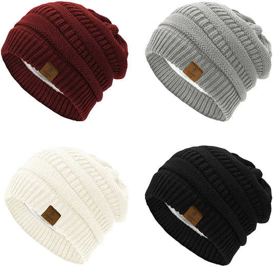 Womens Knit Beanie Hat for Men Winter Thick Fleece Lined Beanie Hats for Women Men Unisex Warm Skiing Beanies Black & Burgundy & Light Grey & White 4 Packs