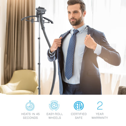 Puresteam XL Standing Steamer with Garment Hanger - Heats in 45 Seconds with 0.5-Gallon Water Tank for 1 Hour Continuous Steaming - Includes Fabric Brush and Easy-Roll Wheels