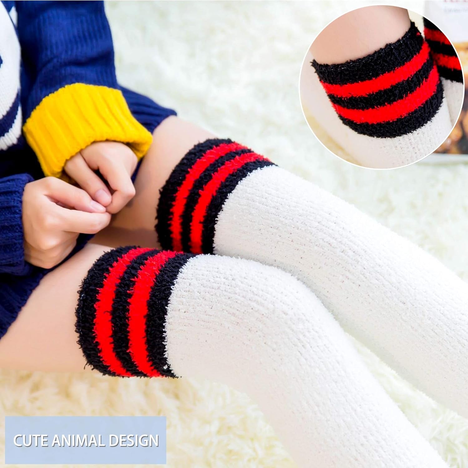 Women Fuzzy Socks 3 Pairs Knee High Fluffy Soft Warm Stocking Cozy Slipper Plush Winter Long Socks