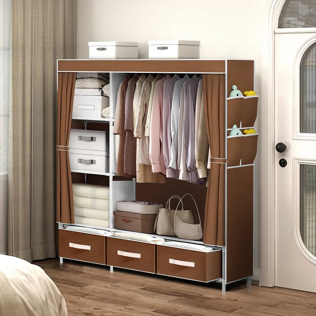 Portable Closet, Portable Wardrobe with 3 Drawer and 4 Storage Shelves and Side Pocket for Clothes Storage Organizer,Coffee