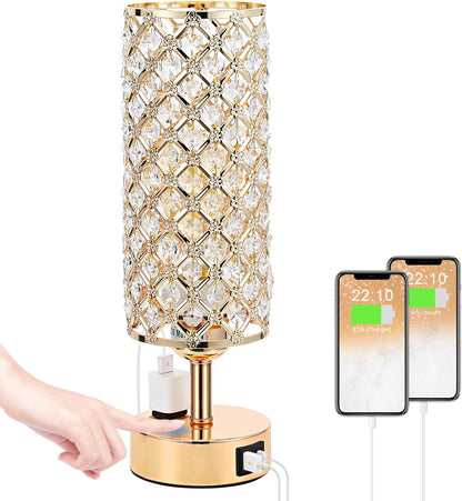 Crystal Table Lamp - 3-Way Dimmable Touch Control, Rose Gold Bedside Lamp with USB C and a Ports, Nightstand Light for Living Room, Bedroom, Home Office (Bulb Included)
