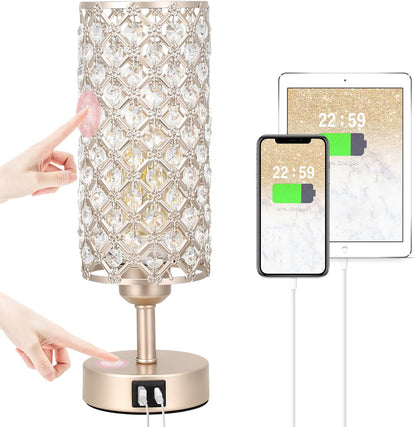 Crystal Table Lamp - 3-Way Dimmable Touch Control, Rose Gold Bedside Lamp with USB C and a Ports, Nightstand Light for Living Room, Bedroom, Home Office (Bulb Included)