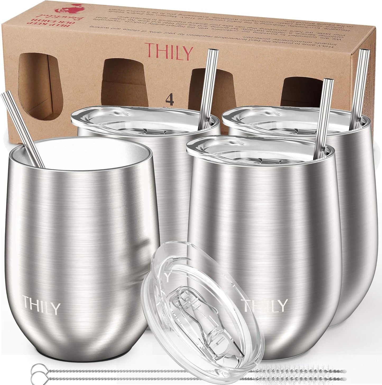Stainless Steel Stemless Wine Tumbler 4 Pack Vacuum Insulated Travel Wine Glasses with Sliding Lids and Straws, 12 Oz, Keep Cold for Juice, Coffee, Beer, Marble Series