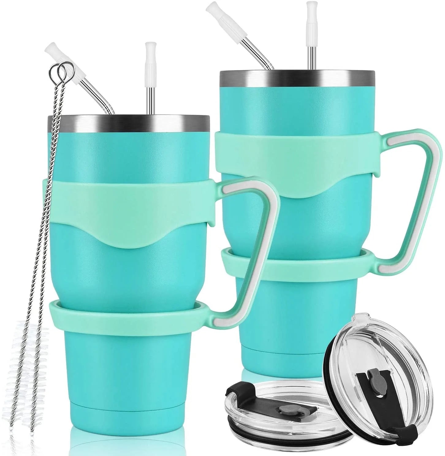 2 Pack 30 Oz Stainless Steel Tumblers with Lids Straws , Double Wall Travel Tumblers , Vacuum Insulated Coffee Cup , Mint