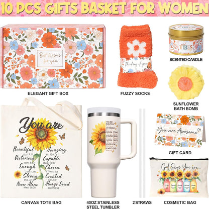 Christian Gifts for Women Faith, Religious Catholic Christmas Gifts for Women Mom Grandma Sister Coworker Inspirational Spiritual Sunflower Gift Birthday Gift for Woman with Makeup Bag 40 OZ Tumbler