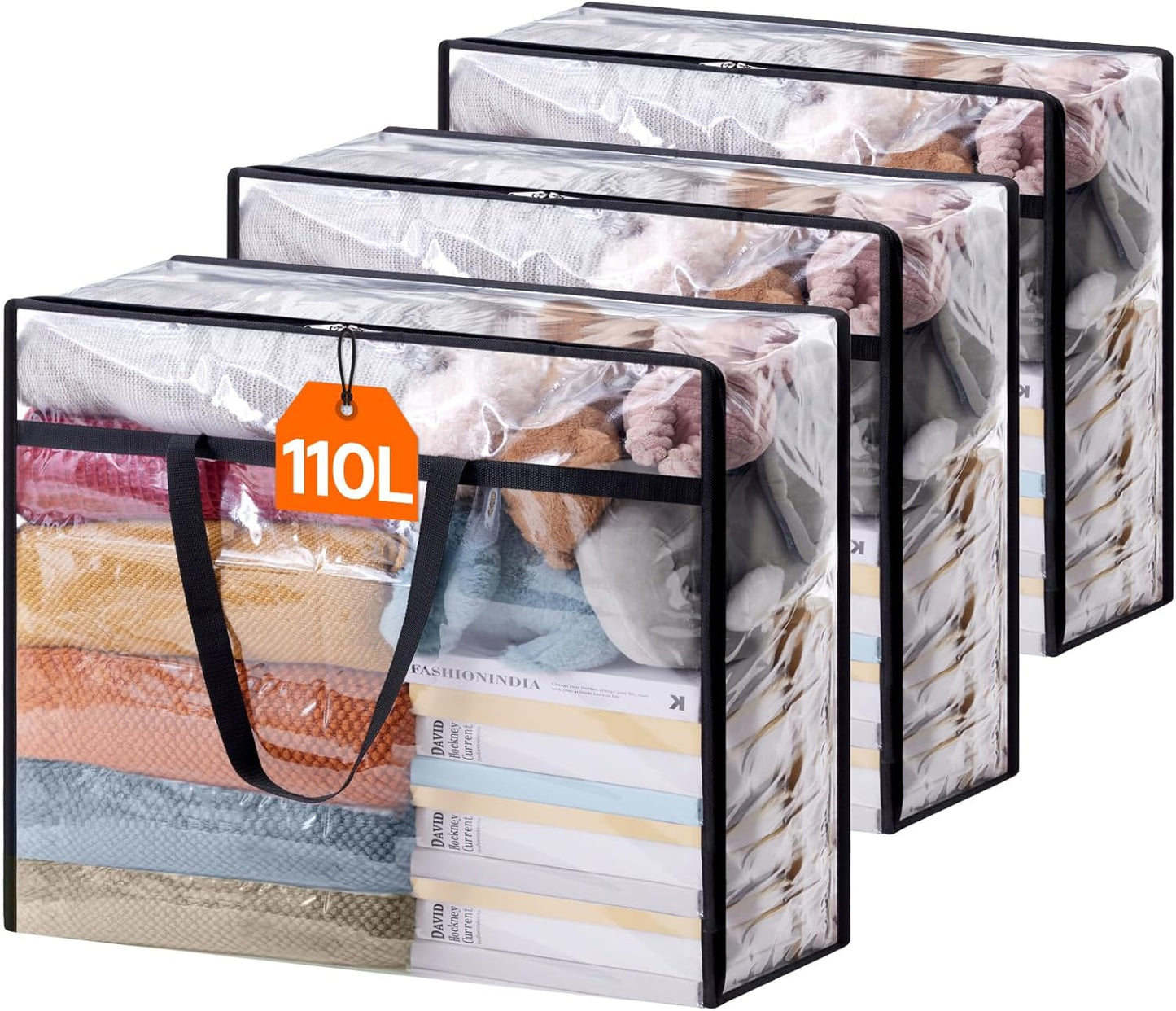 4 Pack Clear Clothes Storage Bags, 40L Plastic Blanket Storage Bag, Vinyl Foldable Moving Bags with Zipper, Closet Organizers and Storage Containers for Bedding, Duvet, Comforter