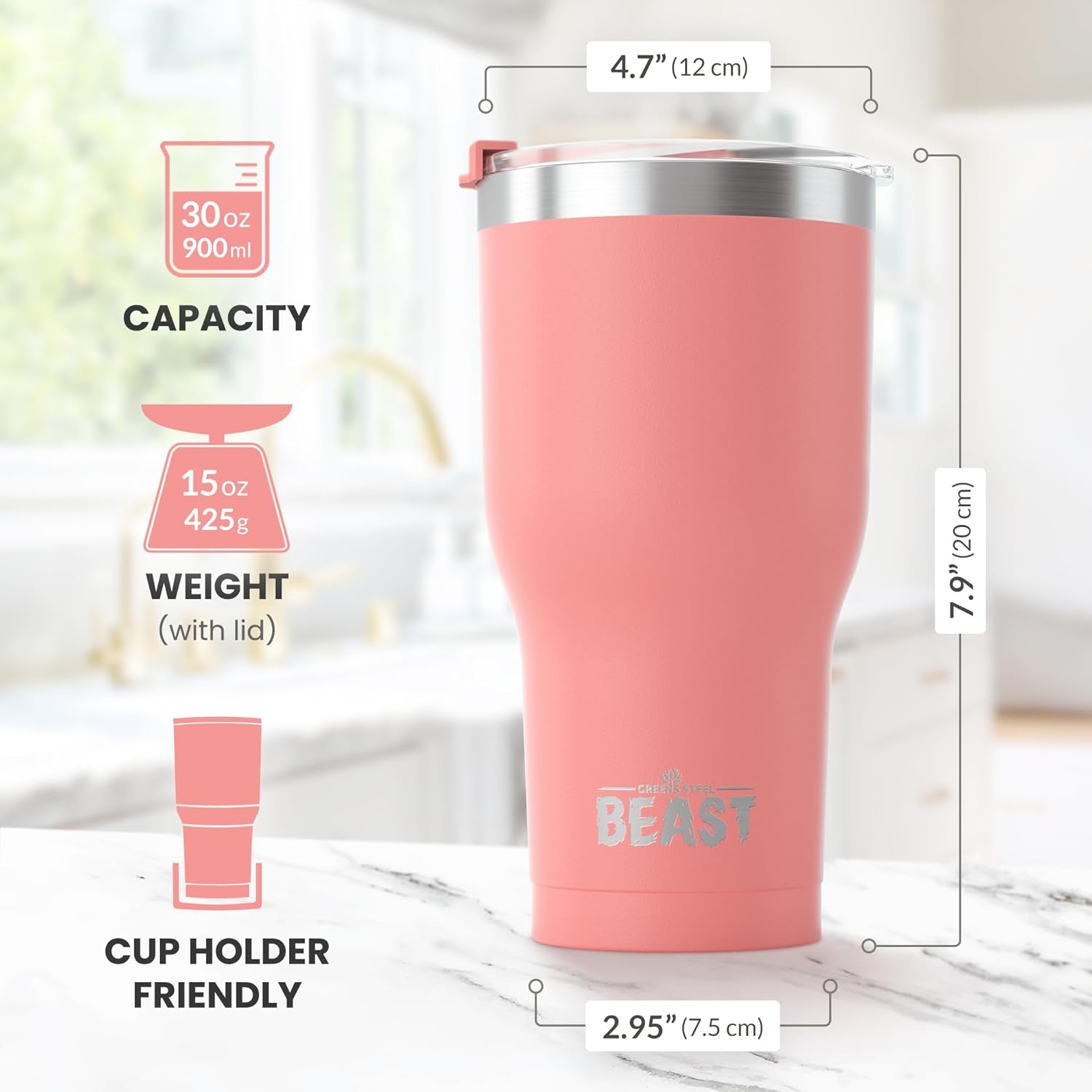 Beast 30 Oz Tumbler Stainless Steel Vacuum Insulated Coffee Ice Cup Double Wall Travel Flask (Blossom Pink)