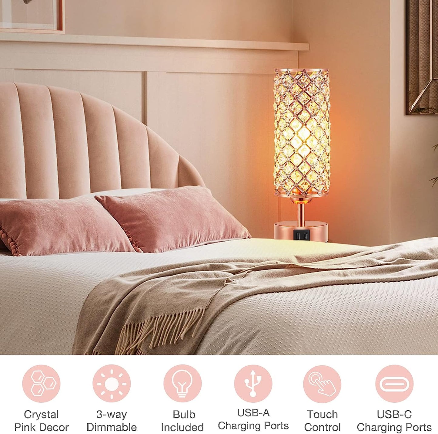 Crystal Table Lamp - 3-Way Dimmable Touch Control, Rose Gold Bedside Lamp with USB C and a Ports, Nightstand Light for Living Room, Bedroom, Home Office (Bulb Included)
