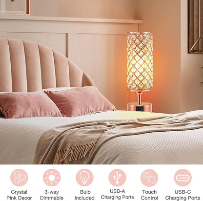 Crystal Table Lamp - 3-Way Dimmable Touch Control, Rose Gold Bedside Lamp with USB C and a Ports, Nightstand Light for Living Room, Bedroom, Home Office (Bulb Included)