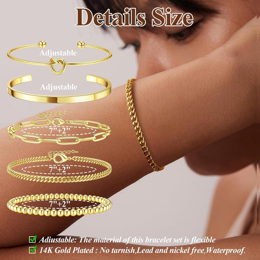Dainty Gold Bracelets for Women - Trendy 14K Gold Bracelet Stack Set Non Tarnish