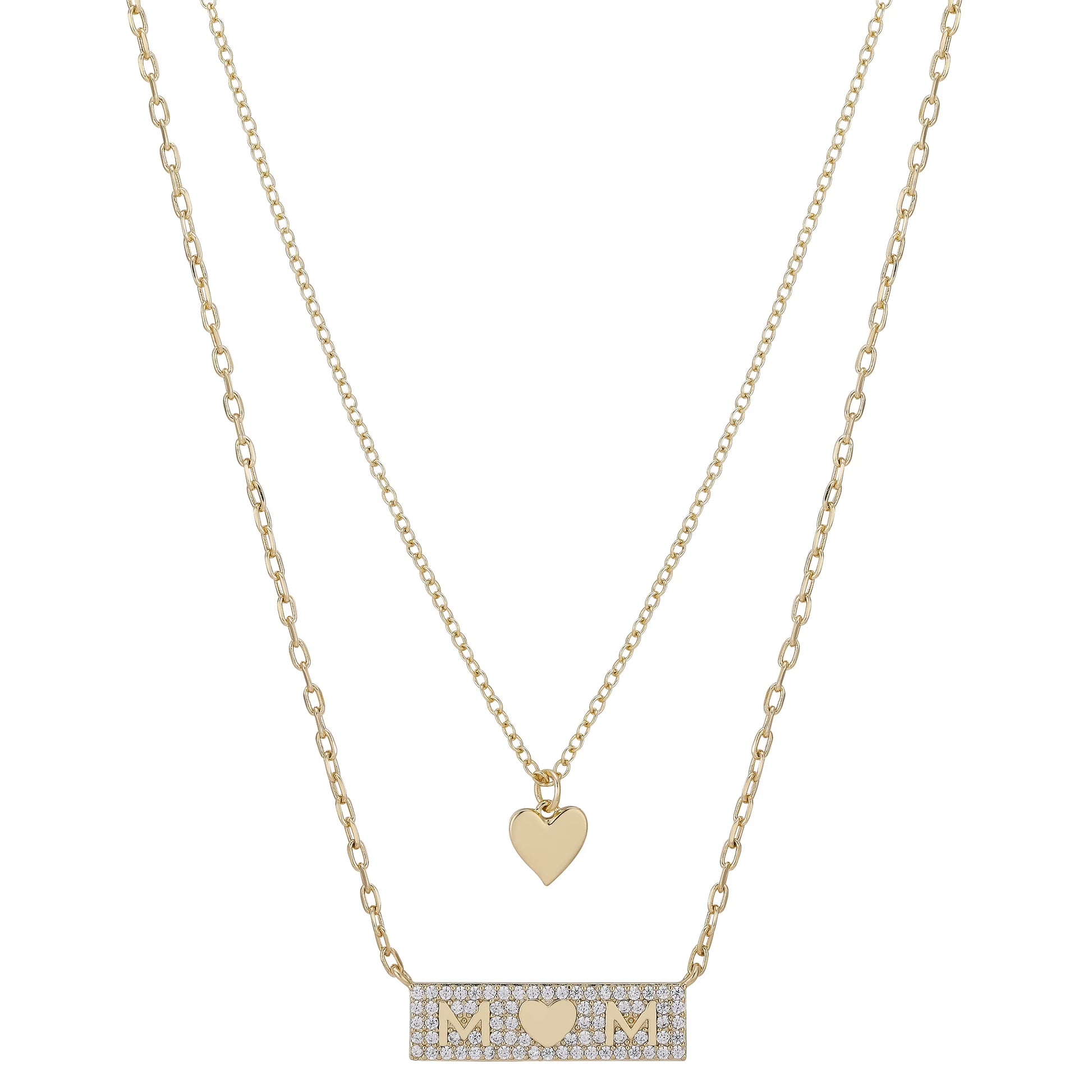 Women'S 14Kt Gold Flash Plated Cubic Zirconia Mom Layered Necklace, 16+2/18+2"