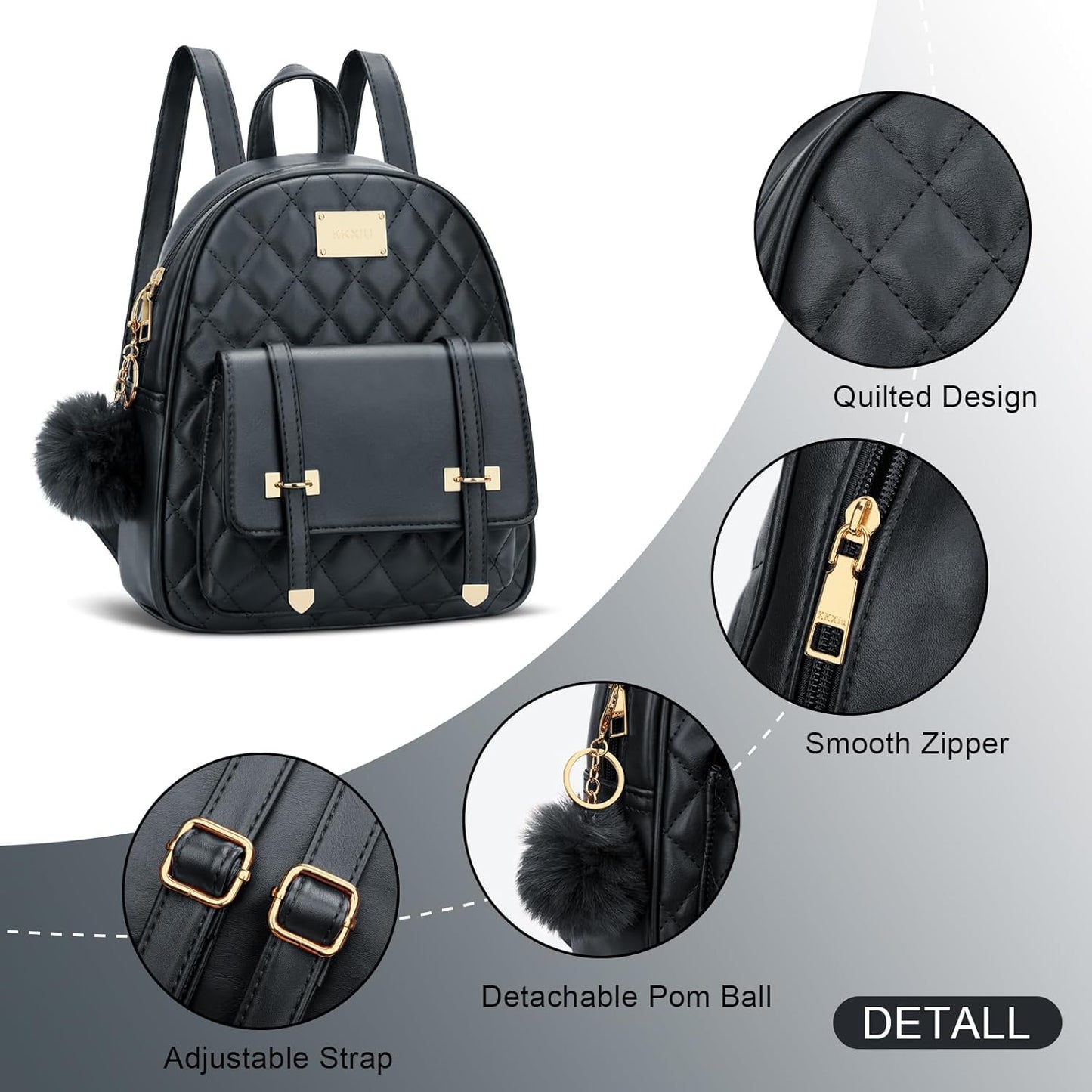 Girls Small Backpack Purse Vegan Leather Quilted Mini Daypack for Women Trendy Bookbag (Black)