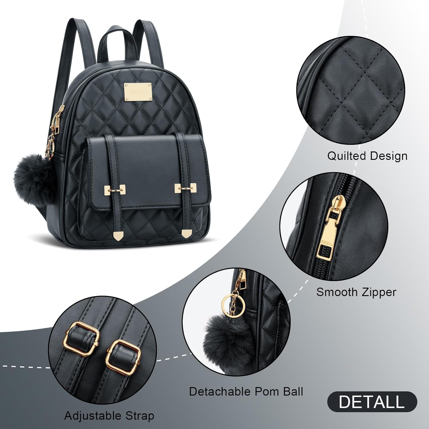 Girls Small Backpack Purse Vegan Leather Quilted Mini Daypack for Women Trendy Bookbag (Black)