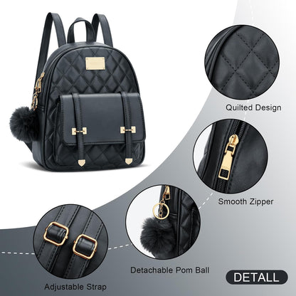 Girls Small Backpack Purse Vegan Leather Quilted Mini Daypack for Women Trendy Bookbag (Black)