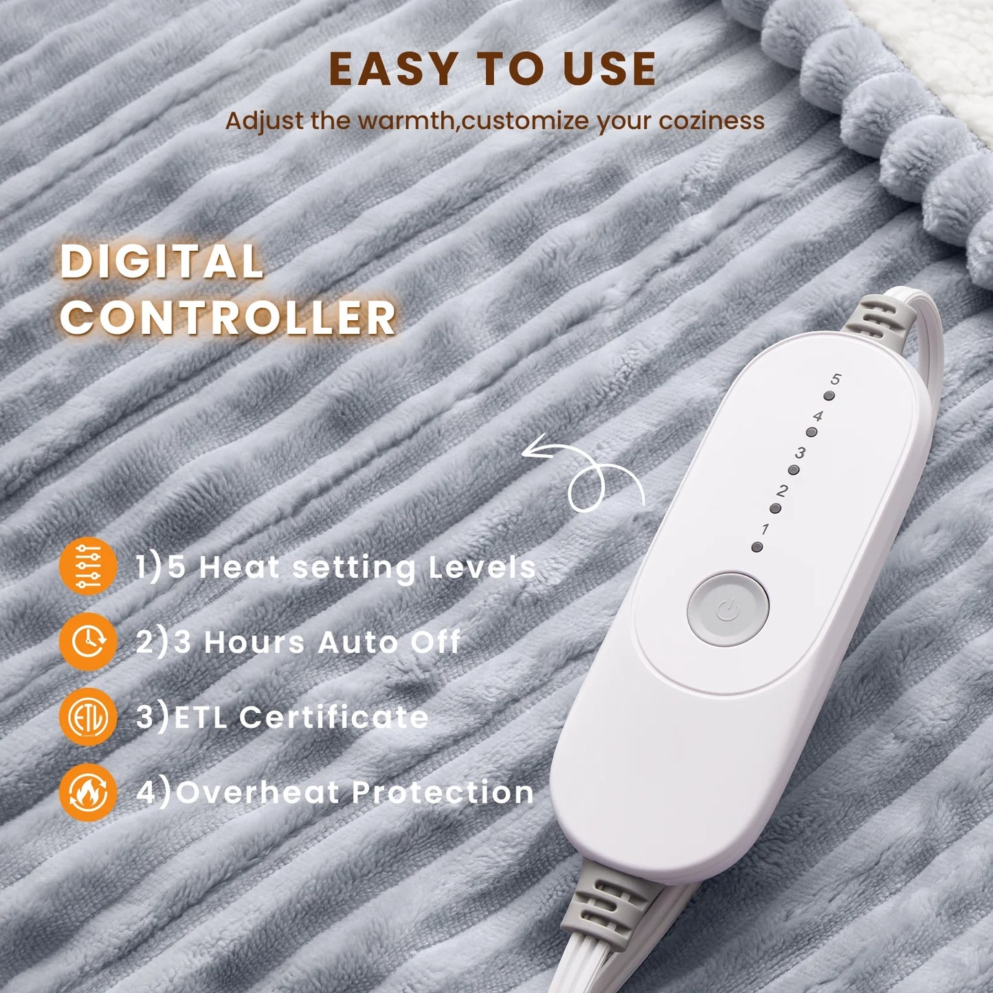 Electric Heated Blanket Throw Soft Flannel & Sherpa, 5 Heat Levels, 3 Hours Auto-Off Over-Heat Protection ETL Certification (50"X60", Light Gray)