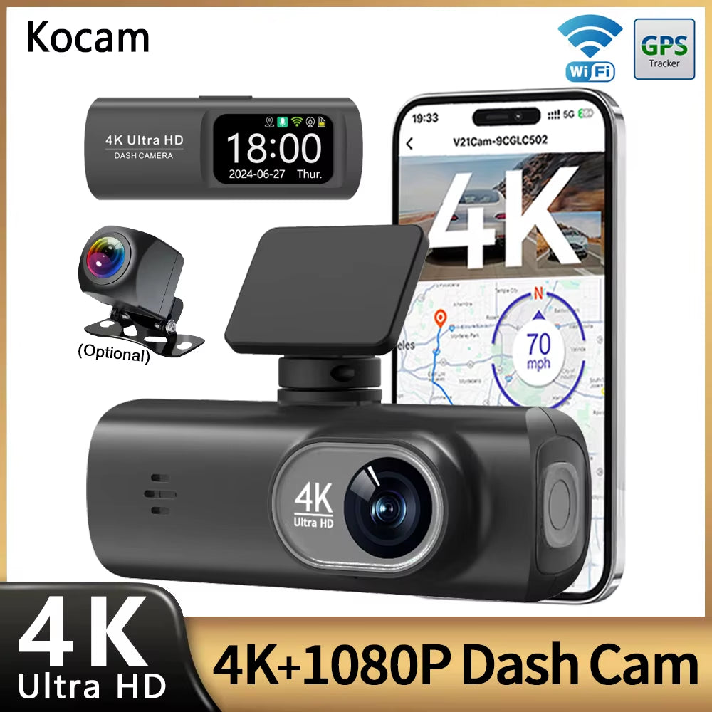 UHD 4K Wifi Dash Cam Dual Lens Driving Recorder Car DVR Optional 1080P Rear Lens Camera GPS 24H Parking Monitoring Black Box