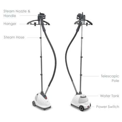 Puresteam XL Standing Steamer with Garment Hanger - Heats in 45 Seconds with 0.5-Gallon Water Tank for 1 Hour Continuous Steaming - Includes Fabric Brush and Easy-Roll Wheels