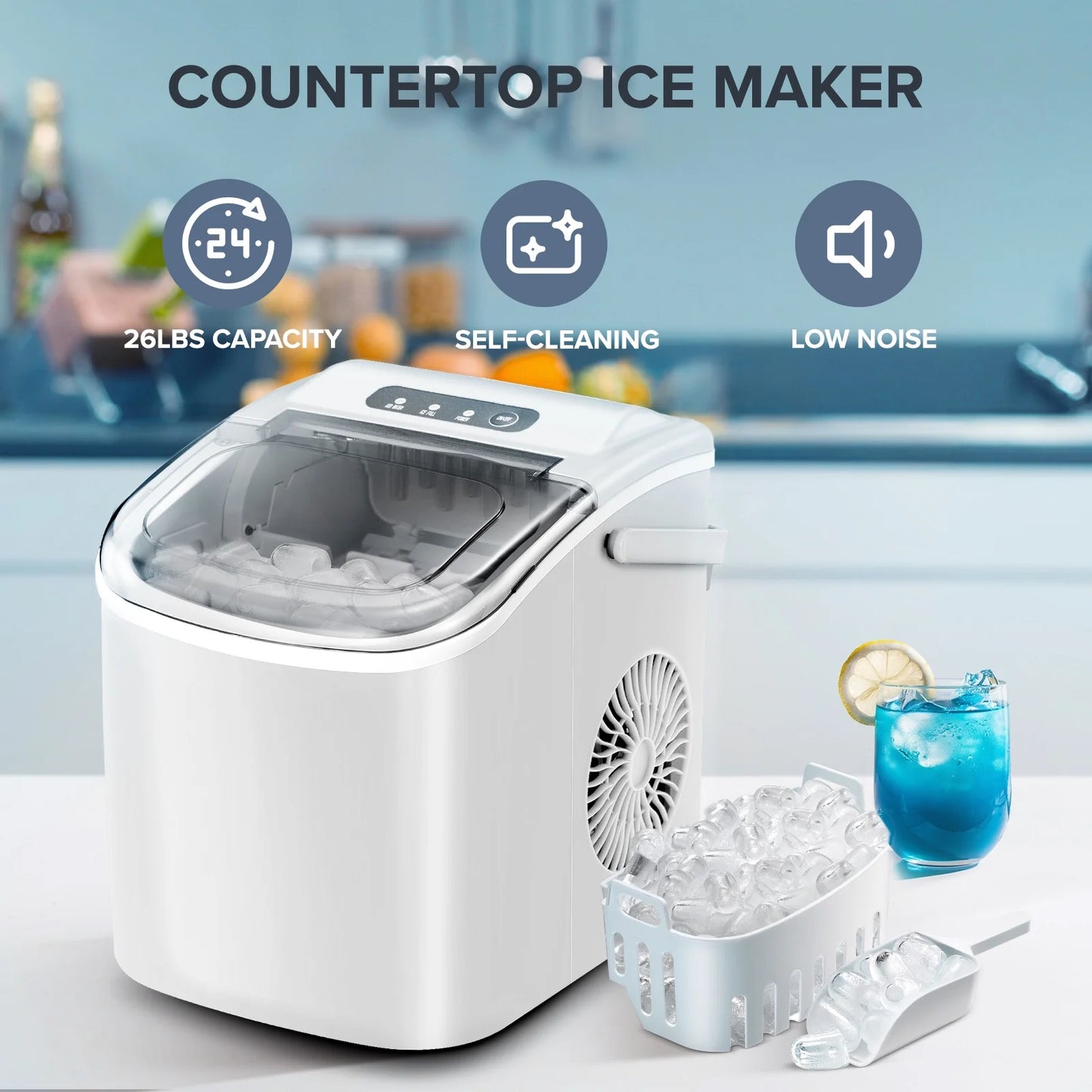 Countertop Ice Maker Machine 26Lbs/24H, 6 Mins/9 Bullets of Ice, Self-Cleaning, White