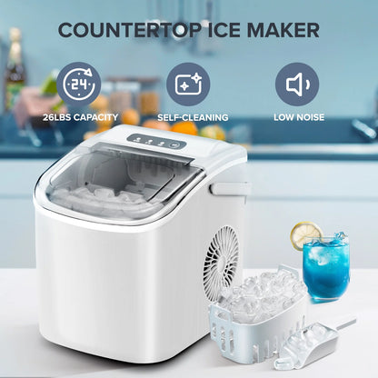 Countertop Ice Maker Machine 26Lbs/24H, 6 Mins/9 Bullets of Ice, Self-Cleaning, White