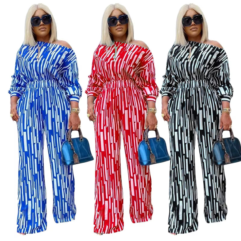 Plus Size Women Clothing Two Piece Set Long Sleeve Striped Tops and Pants Sets Loose Casual Sweat Suits Wholesale Dropshipping