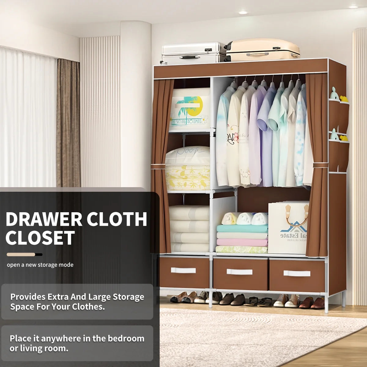 Portable Closet, Portable Wardrobe with 3 Drawer and 4 Storage Shelves and Side Pocket for Clothes Storage Organizer,Coffee