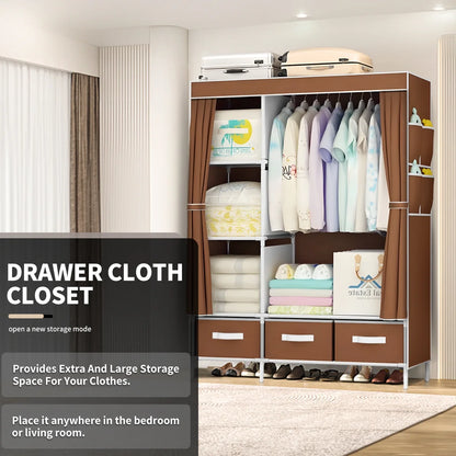 Portable Closet, Portable Wardrobe with 3 Drawer and 4 Storage Shelves and Side Pocket for Clothes Storage Organizer,Coffee