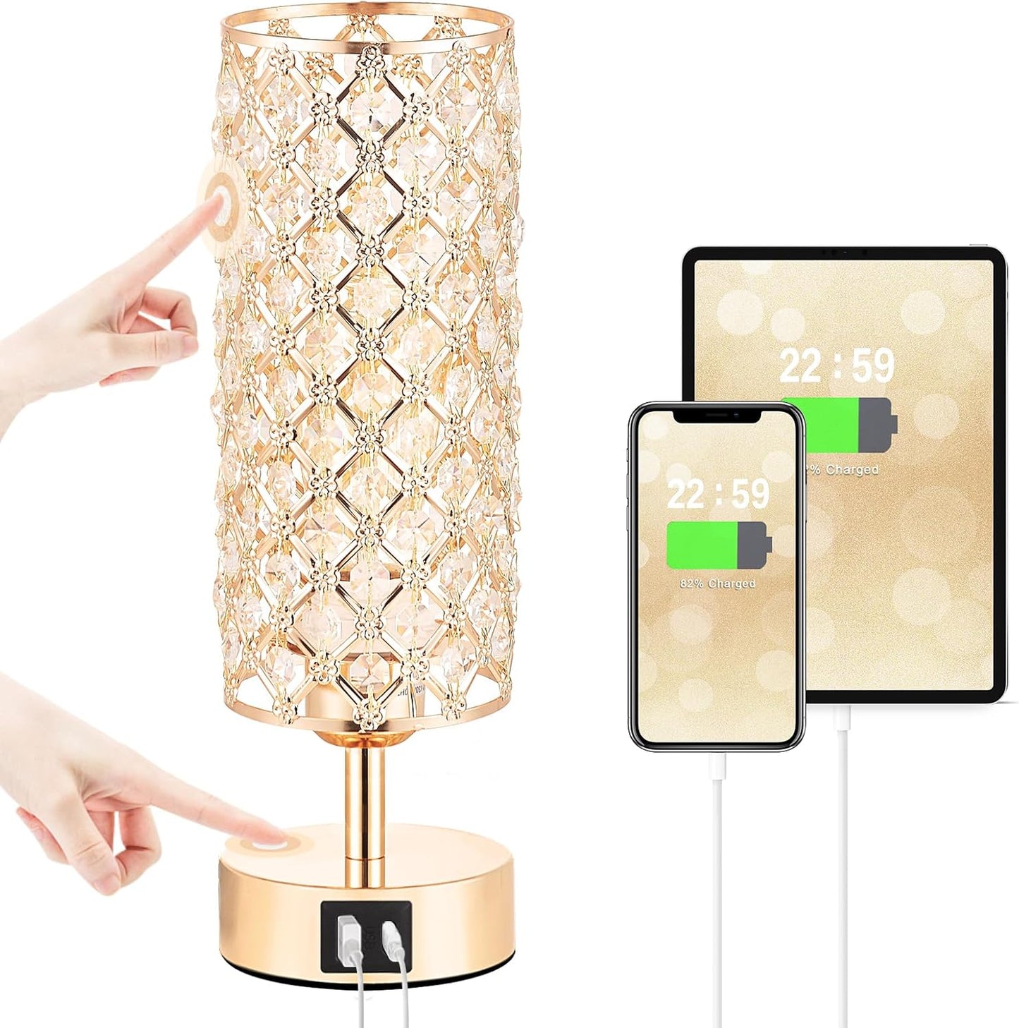 Crystal Table Lamp - 3-Way Dimmable Touch Control, Rose Gold Bedside Lamp with USB C and a Ports, Nightstand Light for Living Room, Bedroom, Home Office (Bulb Included)