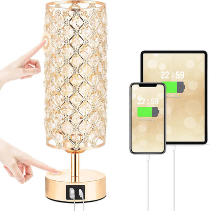 Crystal Table Lamp - 3-Way Dimmable Touch Control, Rose Gold Bedside Lamp with USB C and a Ports, Nightstand Light for Living Room, Bedroom, Home Office (Bulb Included)