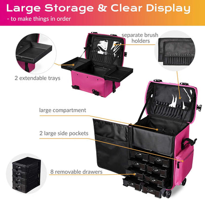 2 In1 Soft Sided Rolling Makeup Case Unseasonable Bright Cosmetic Train Case with Wheels and Removable Organizer, Deep Pink