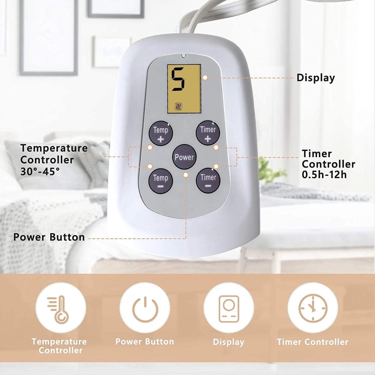Royalcraft Electric Blanket King Size with Dual Control, 10 Heating Levels& 12 Hours Auto-Off, Overheat Protection, Grey