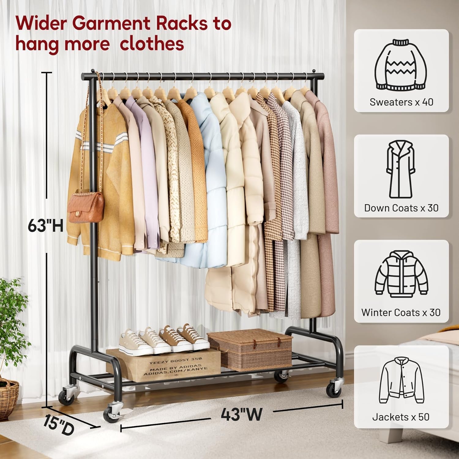 Heavy Duty Clothing Racks for Hanging Clothes Rack, 43" Wide Rolling Garment Rack Metal Clothing Hanger Rack with Wheels Wardrobe Rack for Coats, Shirts, Dress, (Black)