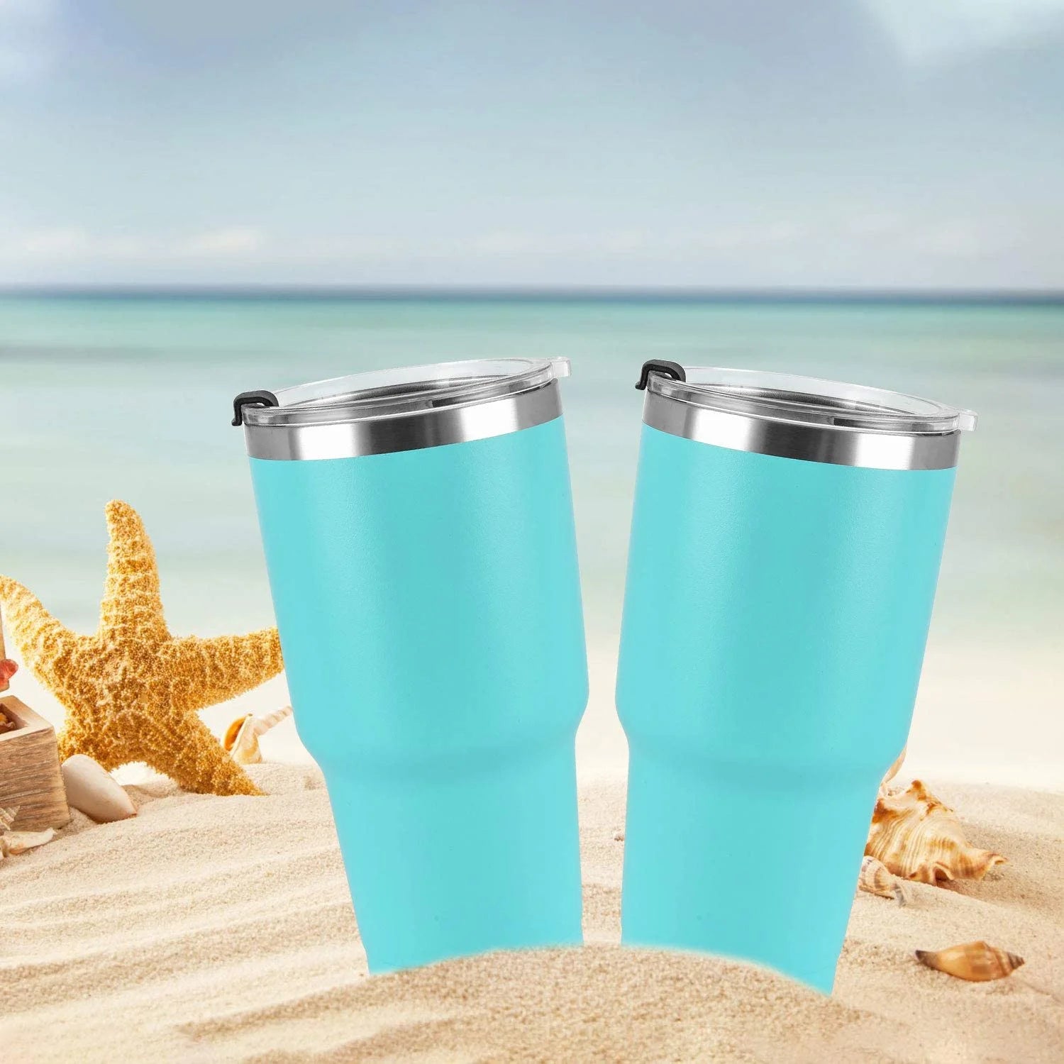 2 Pack 30 Oz Stainless Steel Tumblers with Lids Straws , Double Wall Travel Tumblers , Vacuum Insulated Coffee Cup , Mint