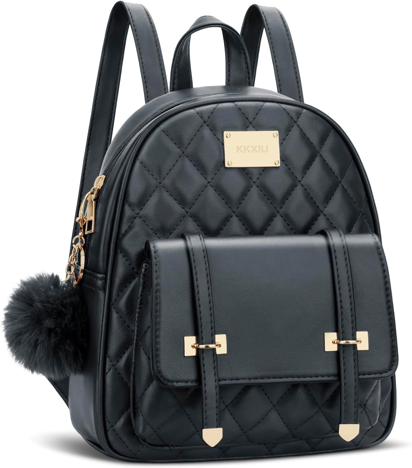 Girls Small Backpack Purse Vegan Leather Quilted Mini Daypack for Women Trendy Bookbag (Black)