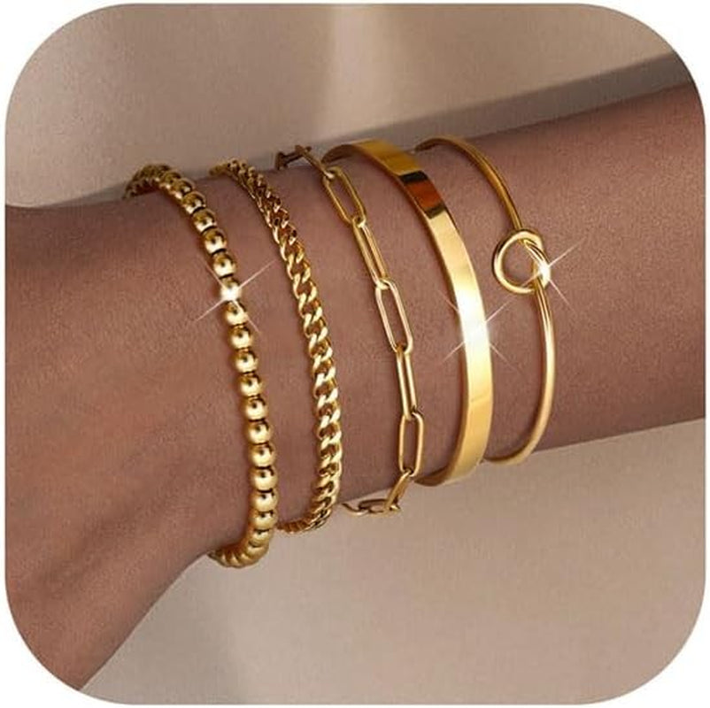 Dainty Gold Bracelets for Women - Trendy 14K Gold Bracelet Stack Set Non Tarnish